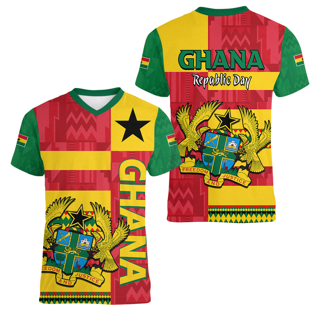 Ghana Women V Neck T Shirt Republic Day - African Kitenge Style - Wonder Print Shop