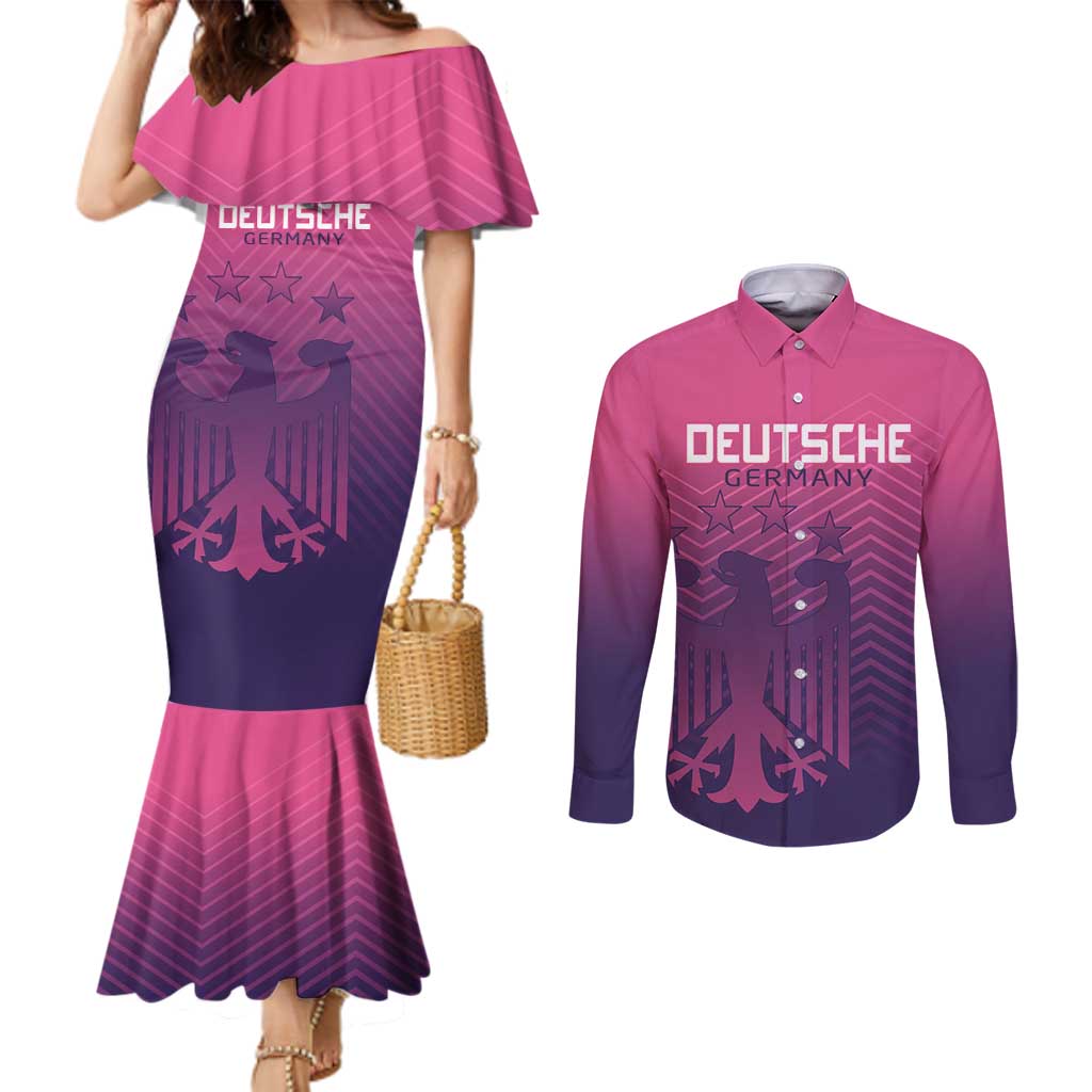 Custom Germany Football Couples Matching Mermaid Dress and Long Sleeve Button Shirt Glowing Pink Line