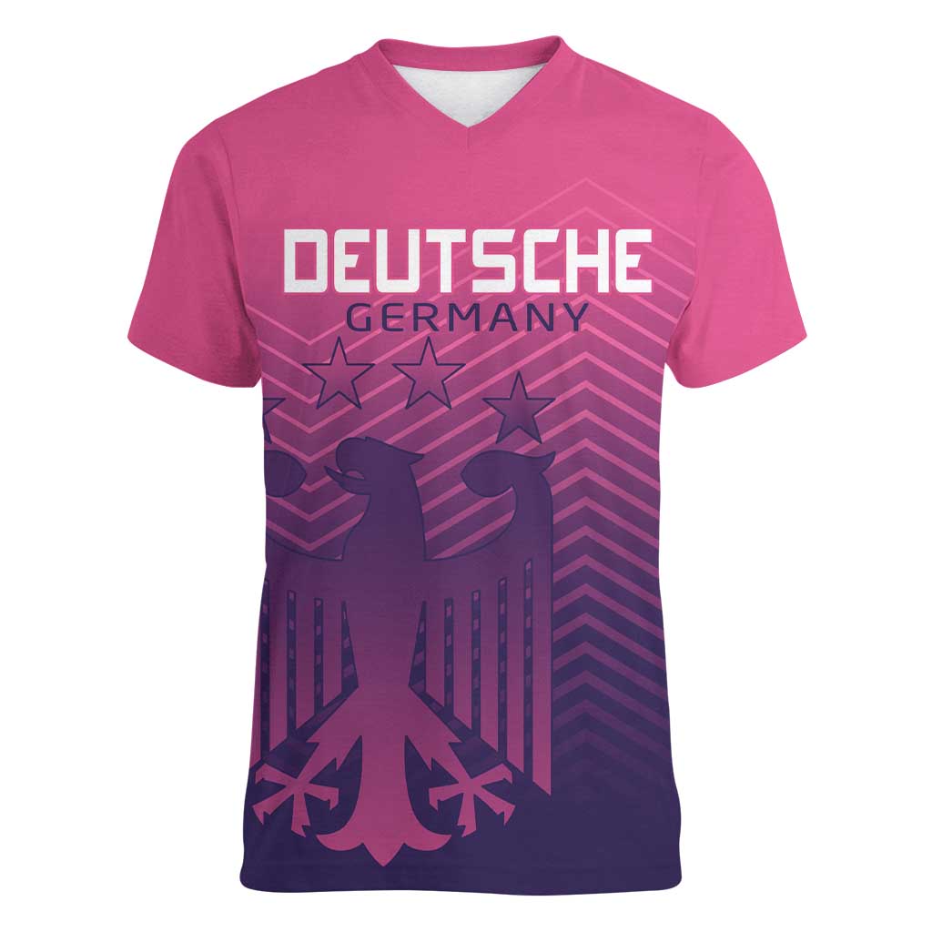 Custom Germany Football Women V-Neck T-Shirt Glowing Pink Line - Wonder Print Shop