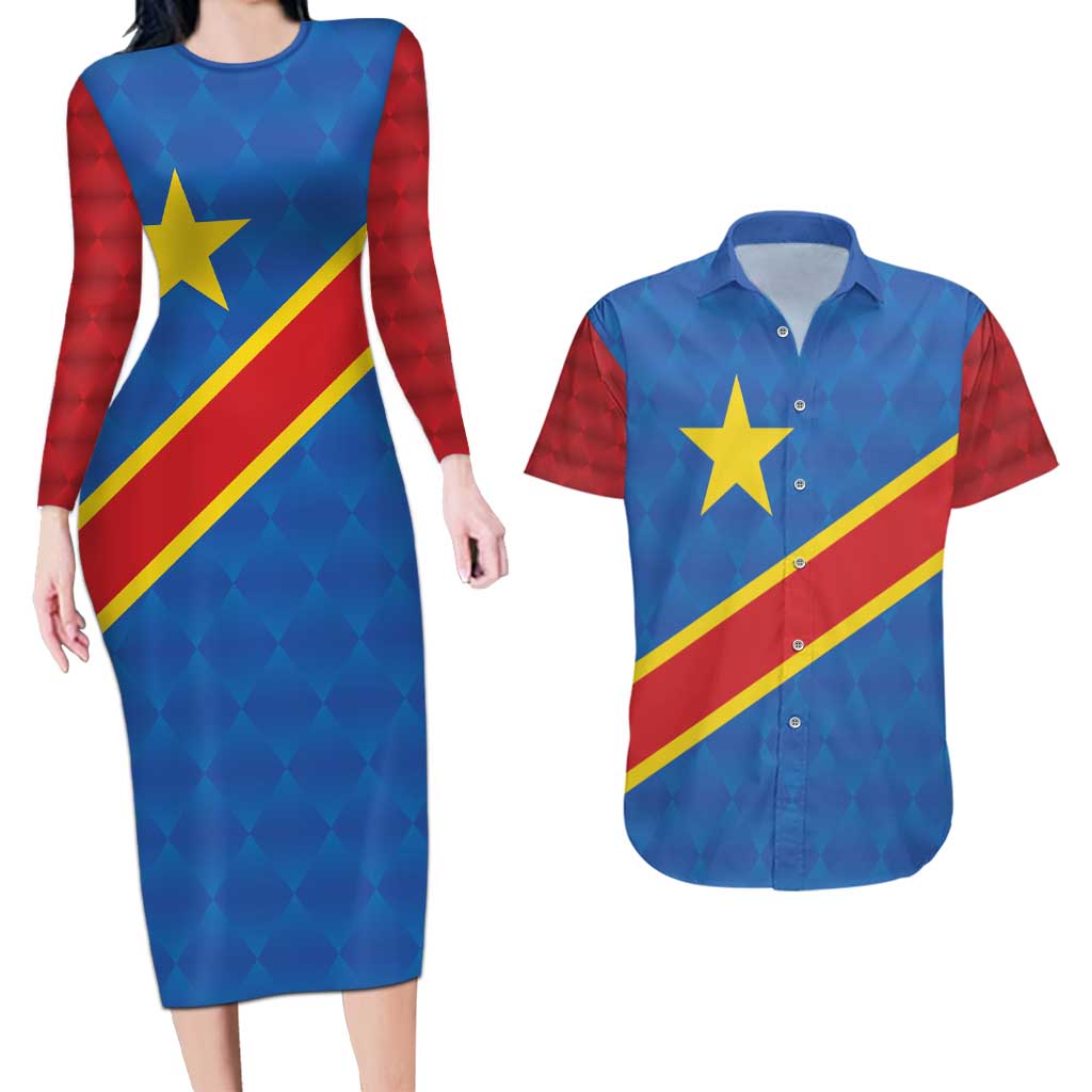 Democratic Republic of the Congo Personalized Couples Matching Long Sleeve Bodycon Dress and Hawaiian Shirt Flag Style - Wonder Print Shop