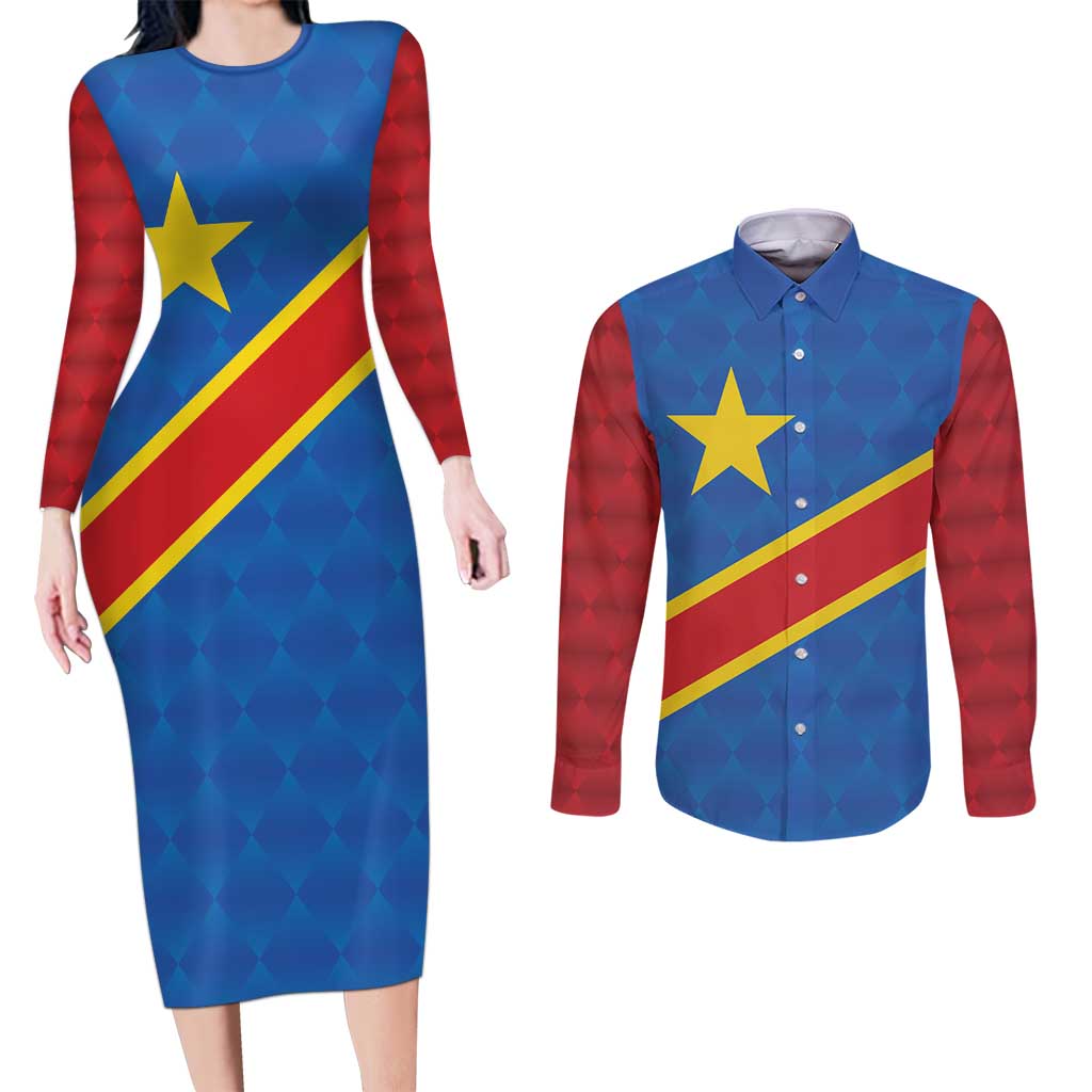 Democratic Republic of the Congo Personalized Couples Matching Long Sleeve Bodycon Dress and Long Sleeve Button Shirt Flag Style - Wonder Print Shop