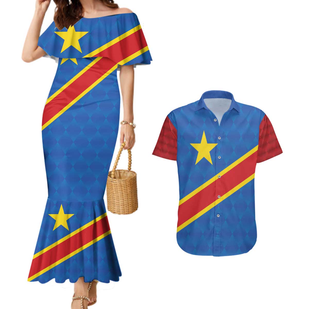 Democratic Republic of the Congo Personalized Couples Matching Mermaid Dress and Hawaiian Shirt Flag Style - Wonder Print Shop