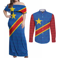 Democratic Republic of the Congo Personalized Couples Matching Off Shoulder Maxi Dress and Long Sleeve Button Shirt Flag Style - Wonder Print Shop