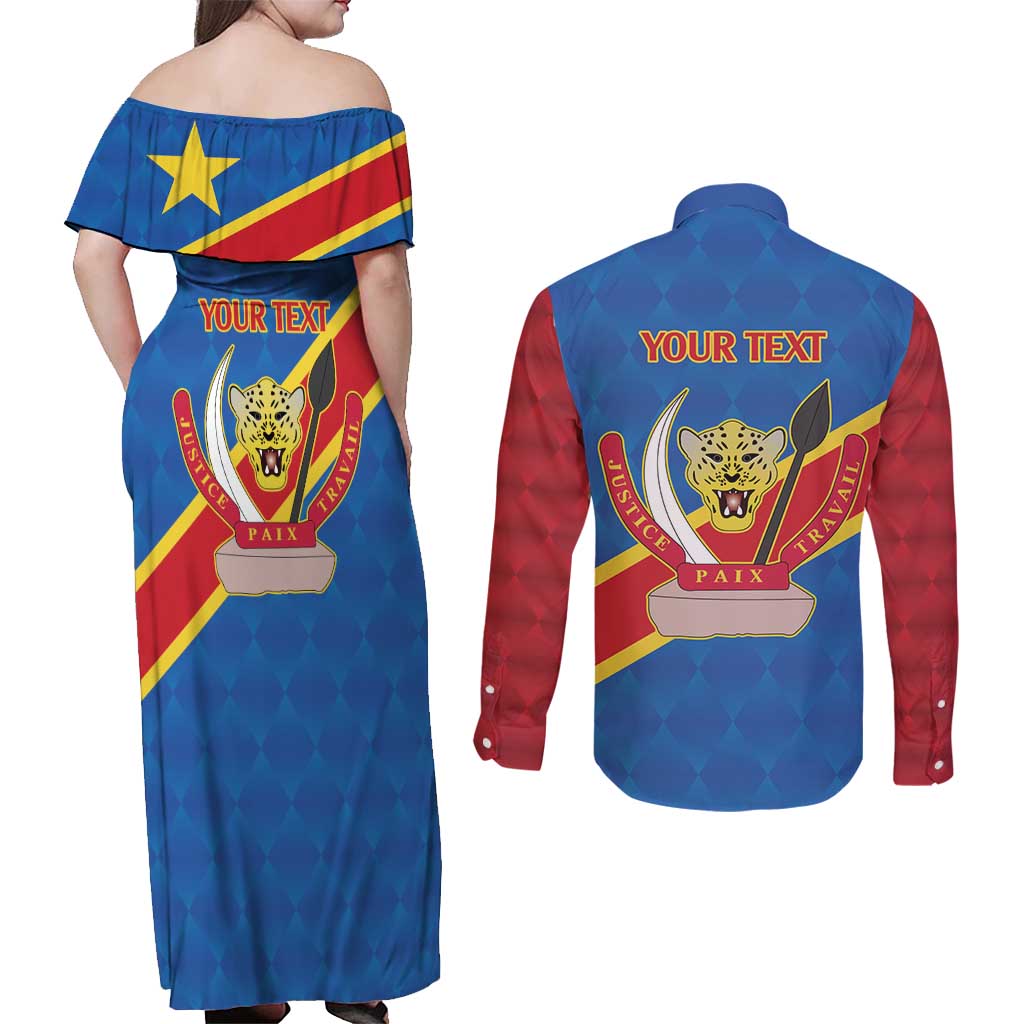 Democratic Republic of the Congo Personalized Couples Matching Off Shoulder Maxi Dress and Long Sleeve Button Shirt Flag Style - Wonder Print Shop