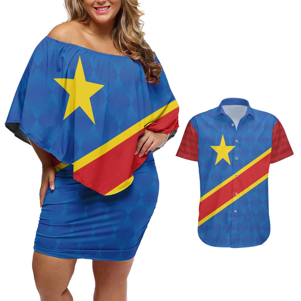 Democratic Republic of the Congo Personalized Couples Matching Off Shoulder Short Dress and Hawaiian Shirt Flag Style - Wonder Print Shop