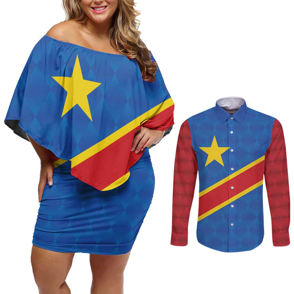 Democratic Republic of the Congo Personalized Couples Matching Off Shoulder Short Dress and Long Sleeve Button Shirt Flag Style - Wonder Print Shop