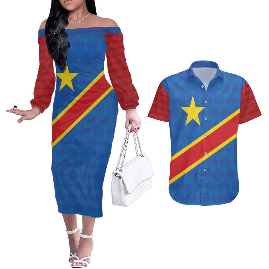 Democratic Republic of the Congo Personalized Couples Matching Off The Shoulder Long Sleeve Dress and Hawaiian Shirt Flag Style - Wonder Print Shop