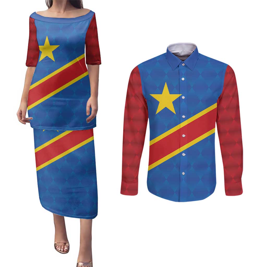 Democratic Republic of the Congo Personalized Couples Matching Puletasi and Long Sleeve Button Shirt Flag Style - Wonder Print Shop