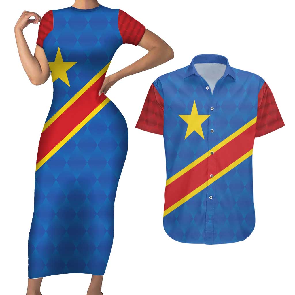 Democratic Republic of the Congo Personalized Couples Matching Short Sleeve Bodycon Dress and Hawaiian Shirt Flag Style - Wonder Print Shop