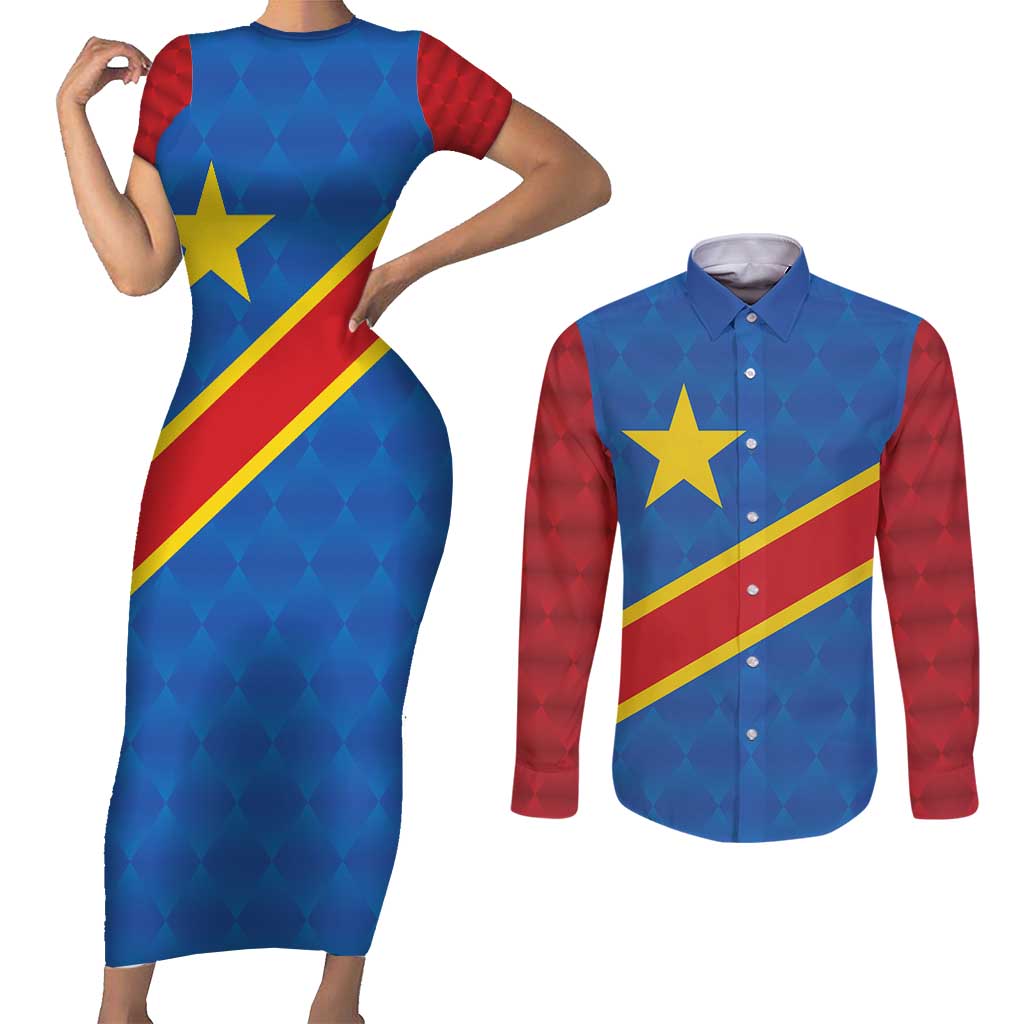 Democratic Republic of the Congo Personalized Couples Matching Short Sleeve Bodycon Dress and Long Sleeve Button Shirt Flag Style - Wonder Print Shop