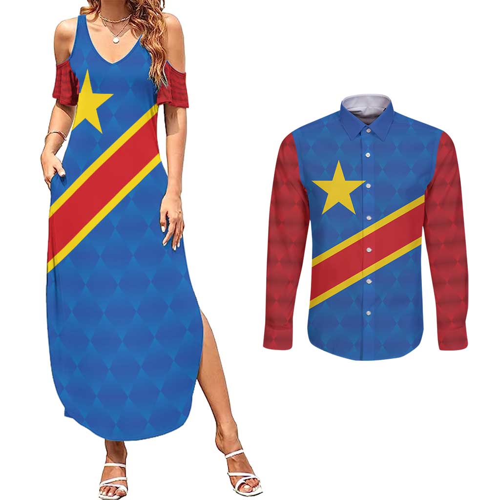 Democratic Republic of the Congo Personalized Couples Matching Summer Maxi Dress and Long Sleeve Button Shirt Flag Style - Wonder Print Shop