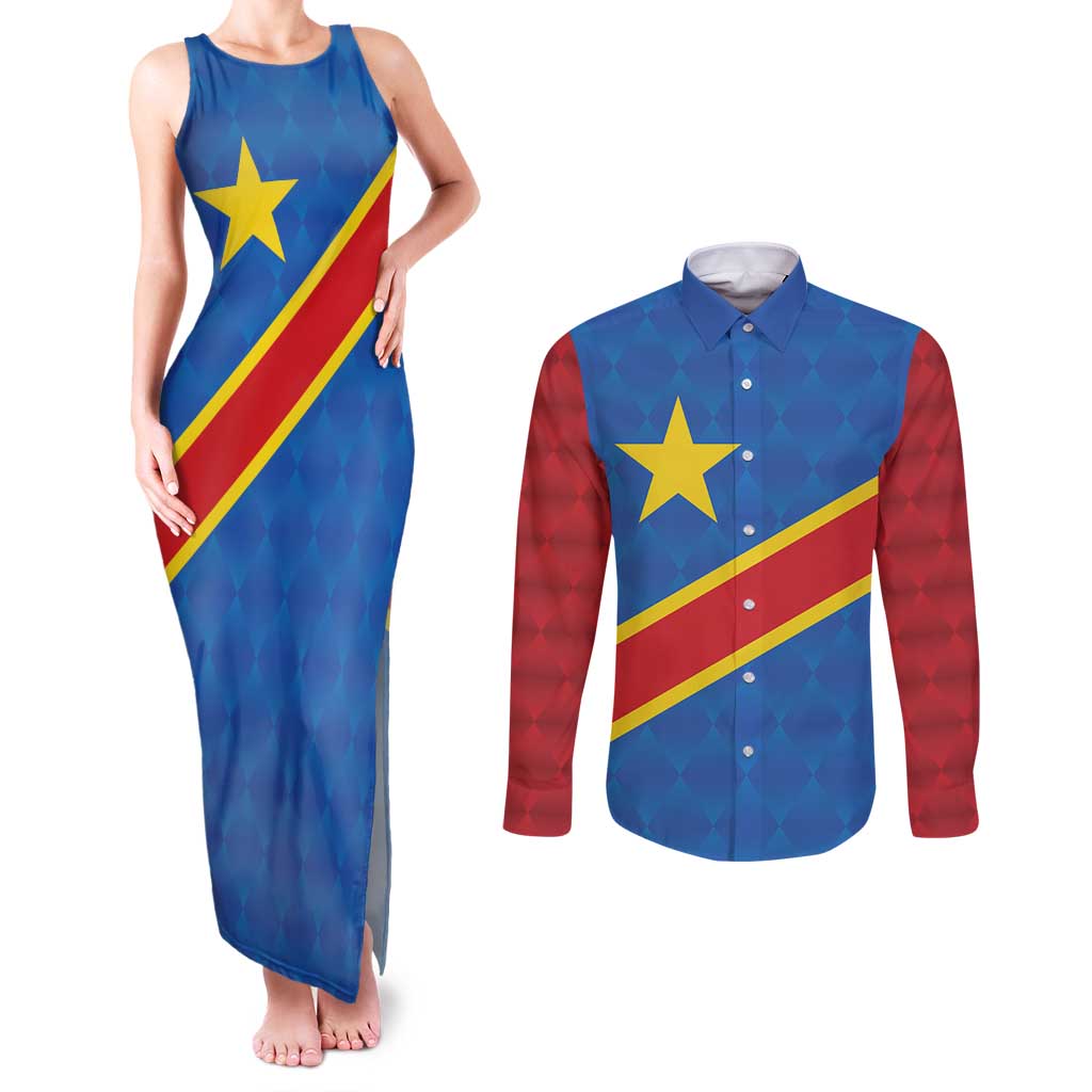 Democratic Republic of the Congo Personalized Couples Matching Tank Maxi Dress and Long Sleeve Button Shirt Flag Style - Wonder Print Shop