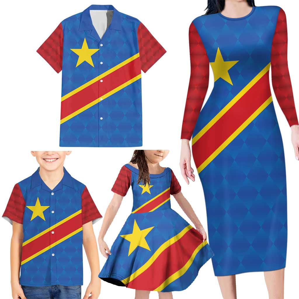 Democratic Republic of the Congo Personalized Family Matching Long Sleeve Bodycon Dress and Hawaiian Shirt Flag Style - Wonder Print Shop