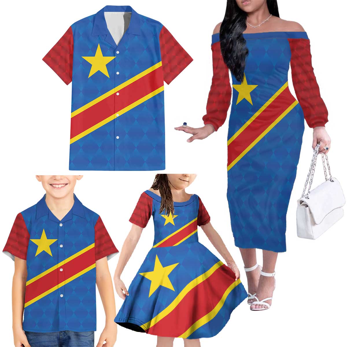 Democratic Republic of the Congo Personalized Family Matching Off The Shoulder Long Sleeve Dress and Hawaiian Shirt Flag Style - Wonder Print Shop
