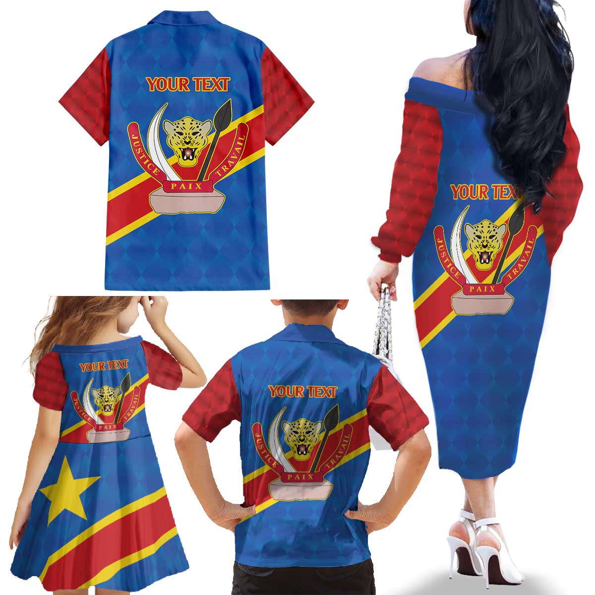 Democratic Republic of the Congo Personalized Family Matching Off The Shoulder Long Sleeve Dress and Hawaiian Shirt Flag Style - Wonder Print Shop