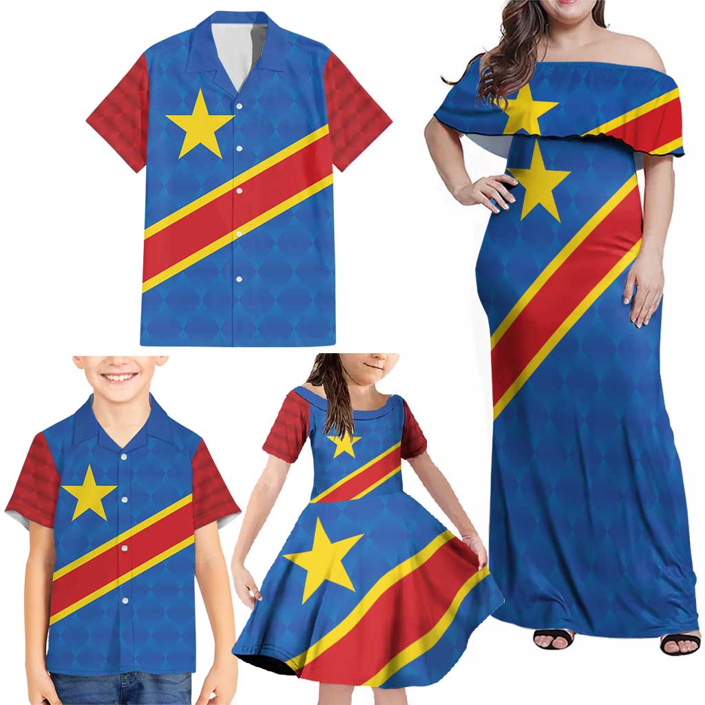 Democratic Republic of the Congo Personalized Family Matching Off Shoulder Maxi Dress and Hawaiian Shirt Flag Style - Wonder Print Shop