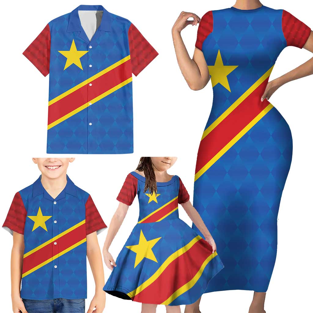 Democratic Republic of the Congo Personalized Family Matching Short Sleeve Bodycon Dress and Hawaiian Shirt Flag Style - Wonder Print Shop