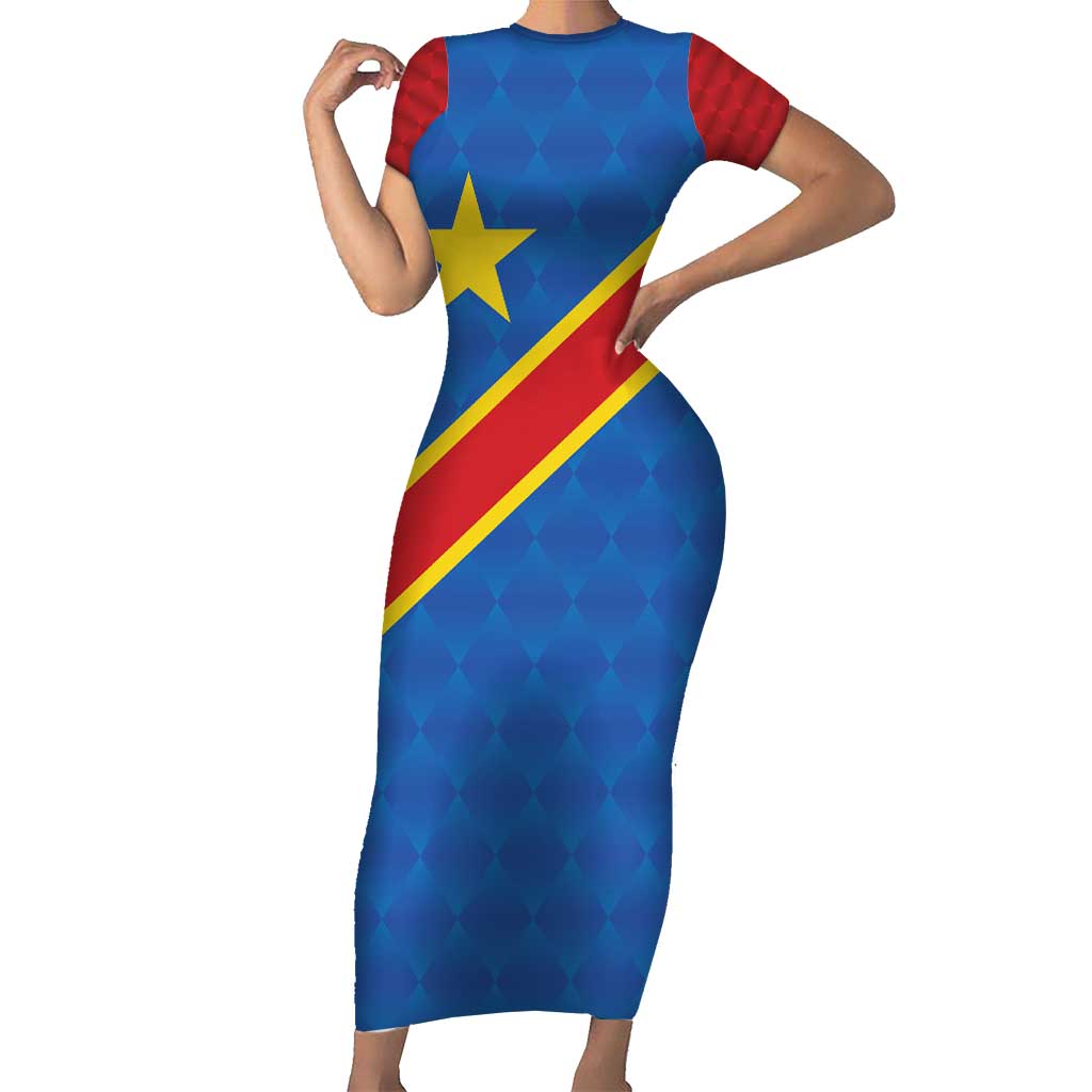 Democratic Republic of the Congo Personalized Family Matching Short Sleeve Bodycon Dress and Hawaiian Shirt Flag Style - Wonder Print Shop