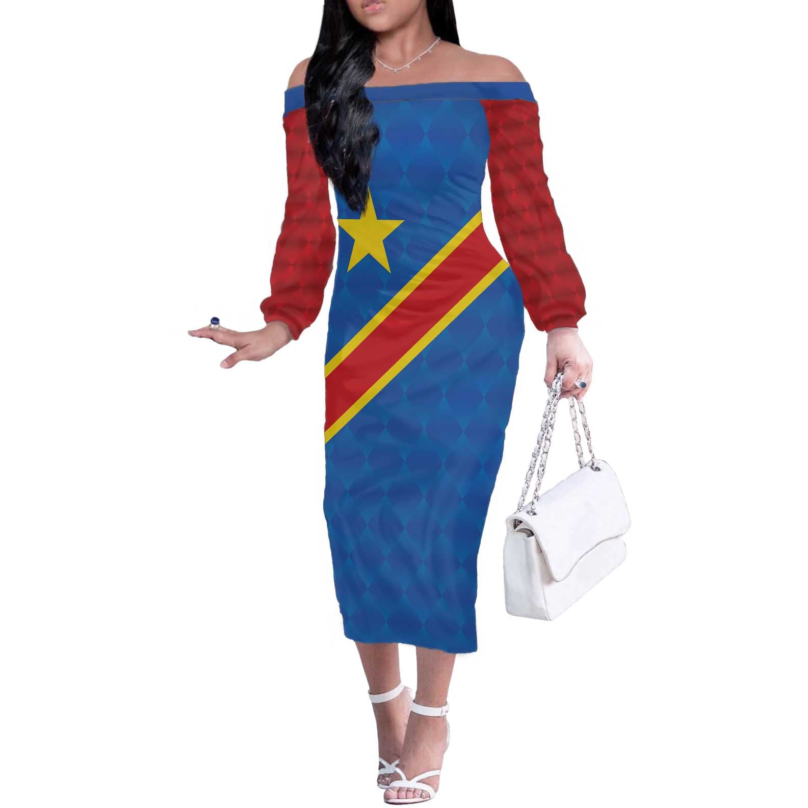 Democratic Republic of the Congo Personalized Off The Shoulder Long Sleeve Dress Flag Style - Wonder Print Shop