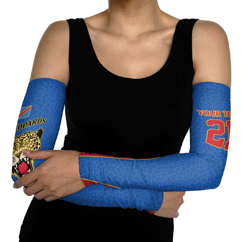 Africa DR Congo Football Custom Arm Sleeves Blue Leopard Skin Pattern
