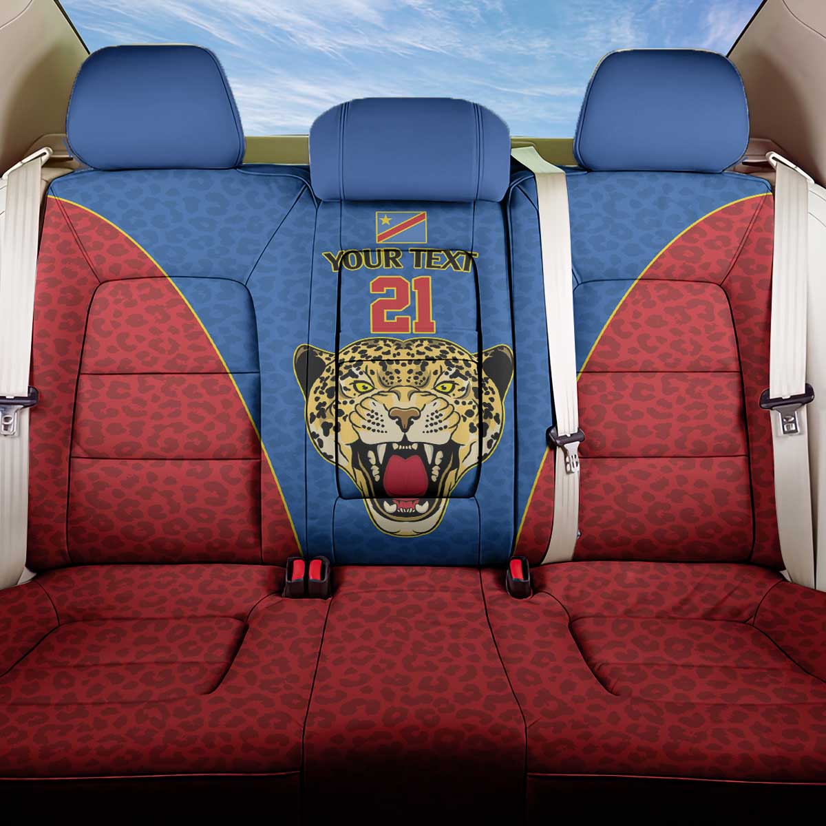 DR Congo Football Custom Back Car Seat Cover Blue Leopard Skin Pattern - Wonder Print Shop