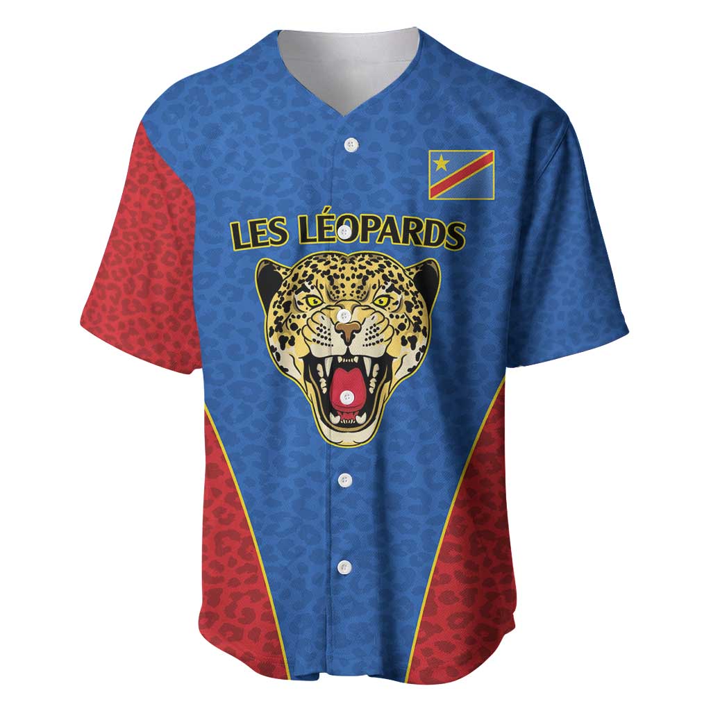 DR Congo Football Custom Baseball Jersey Blue Leopard Skin Pattern - Wonder Print Shop