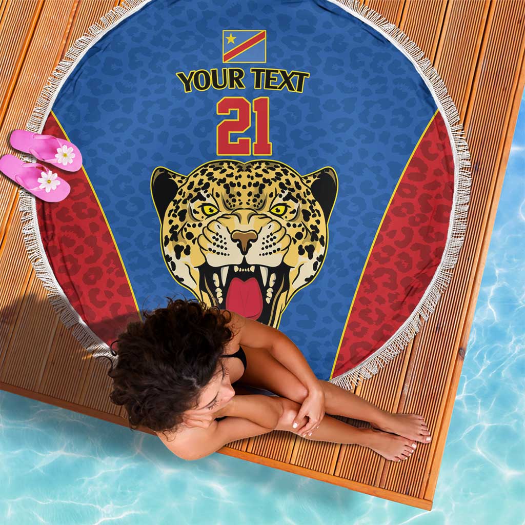 DR Congo Football Custom Beach Blanket Blue Leopard Skin Pattern - Wonder Print Shop