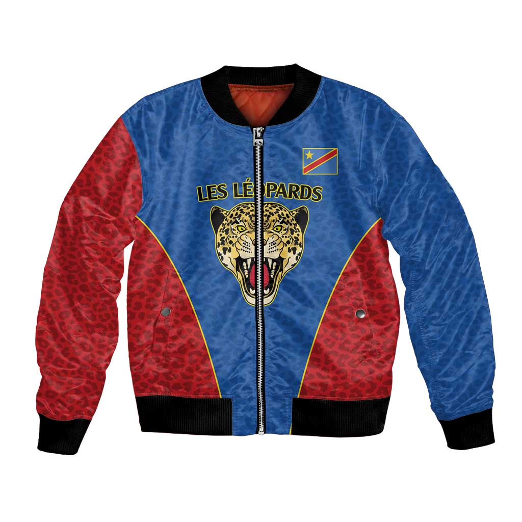 DR Congo Football Custom Bomber Jacket Blue Leopard Skin Pattern - Wonder Print Shop