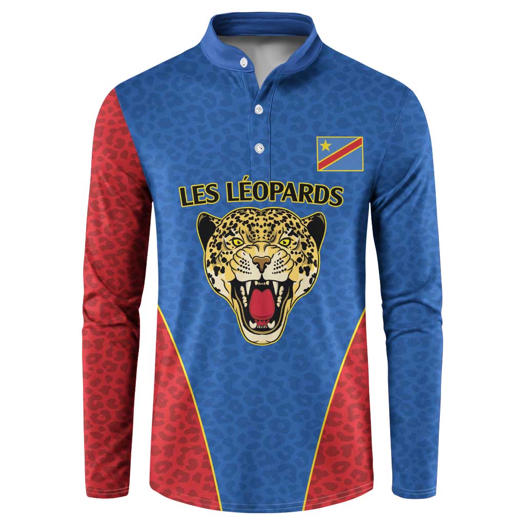 DR Congo Football Custom Button Sweatshirt Blue Leopard Skin Pattern - Wonder Print Shop