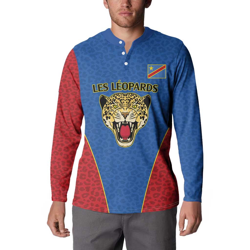 DR Congo Football Custom Button Sweatshirt Blue Leopard Skin Pattern - Wonder Print Shop