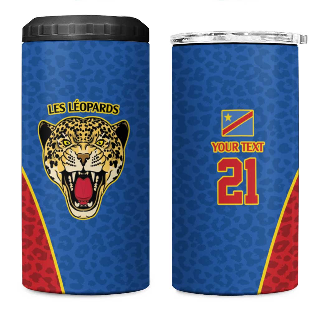 DR Congo Football Custom 4 in 1 Can Cooler Tumbler Blue Leopard Skin Pattern - Wonder Print Shop