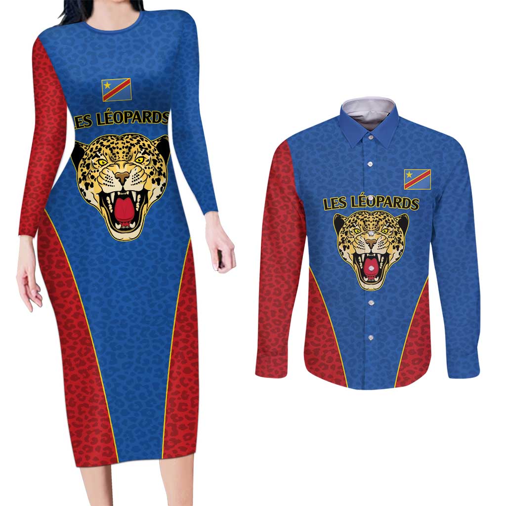 DR Congo Football Custom Couples Matching Long Sleeve Bodycon Dress and Long Sleeve Button Shirt Blue Leopard Skin Pattern - Wonder Print Shop