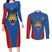 DR Congo Football Custom Couples Matching Long Sleeve Bodycon Dress and Long Sleeve Button Shirt Blue Leopard Skin Pattern - Wonder Print Shop