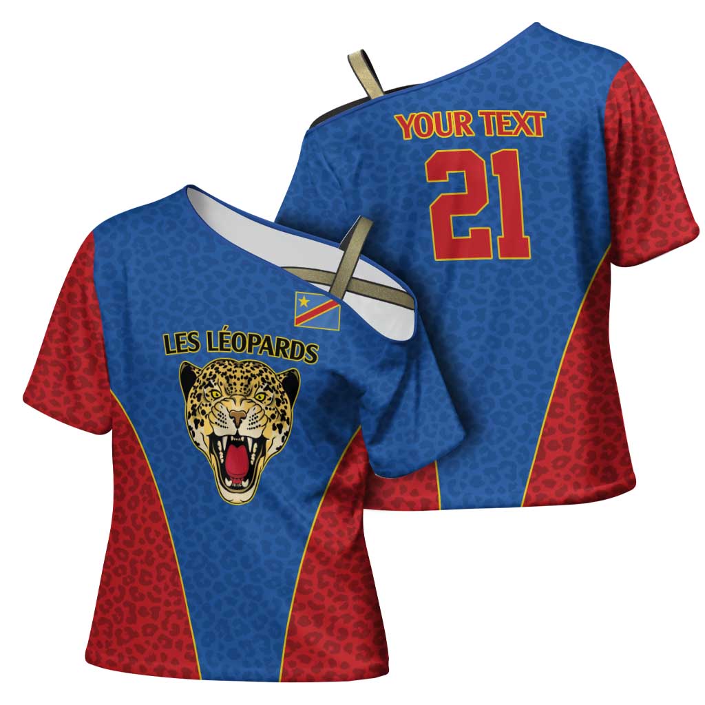 Africa DR Congo Football Custom Cross Shoulder Shirt Blue Leopard Skin Pattern