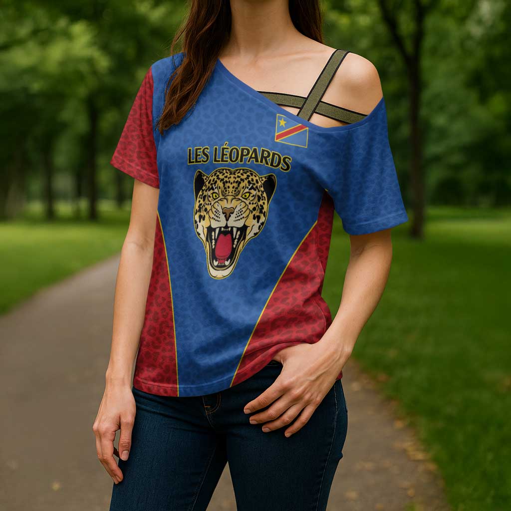 Africa DR Congo Football Custom Cross Shoulder Shirt Blue Leopard Skin Pattern