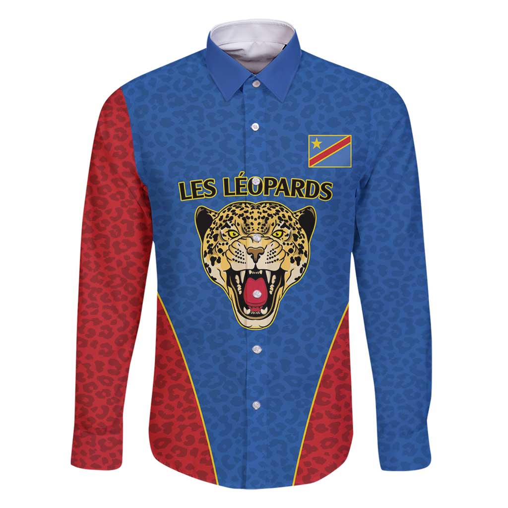 DR Congo Football Custom Family Matching Long Sleeve Bodycon Dress and Hawaiian Shirt Blue Leopard Skin Pattern - Wonder Print Shop