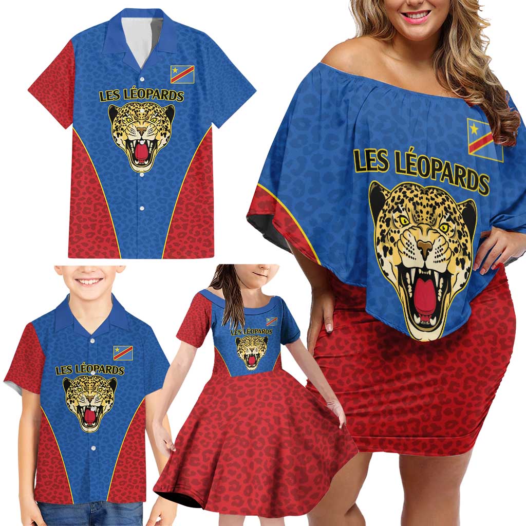 DR Congo Football Custom Family Matching Off Shoulder Short Dress and Hawaiian Shirt Blue Leopard Skin Pattern - Wonder Print Shop