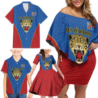 DR Congo Football Custom Family Matching Off Shoulder Short Dress and Hawaiian Shirt Blue Leopard Skin Pattern - Wonder Print Shop