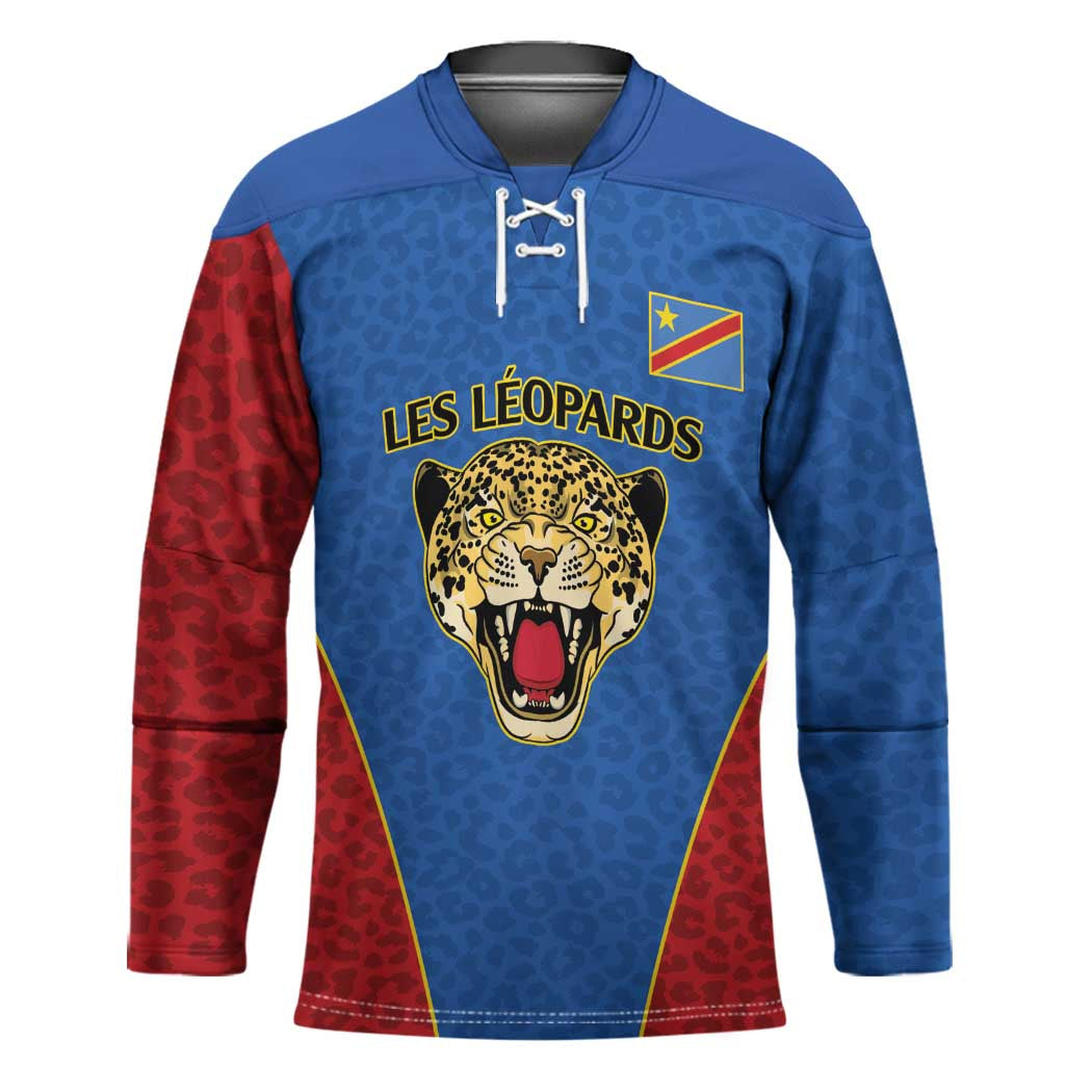 Africa DR Congo Football Custom Hockey Jersey Blue Leopard Skin Pattern