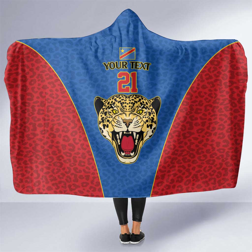 DR Congo Football Custom Hooded Blanket Blue Leopard Skin Pattern - Wonder Print Shop