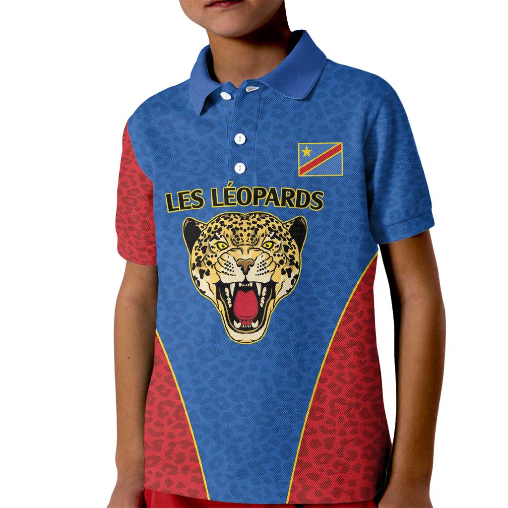 DR Congo Football Custom Kid Polo Shirt Blue Leopard Skin Pattern - Wonder Print Shop
