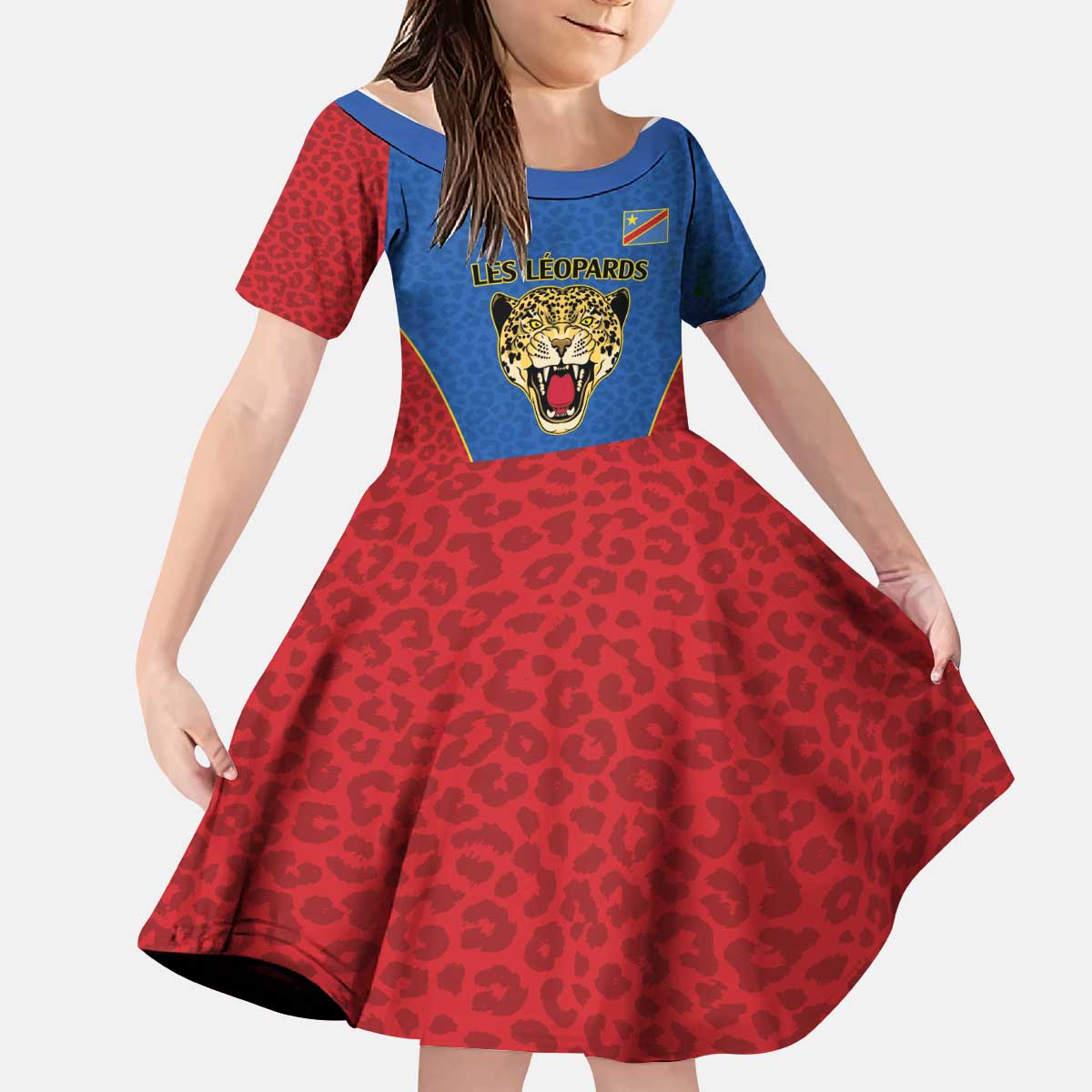 DR Congo Football Custom Kid Short Sleeve Dress Blue Leopard Skin Pattern - Wonder Print Shop