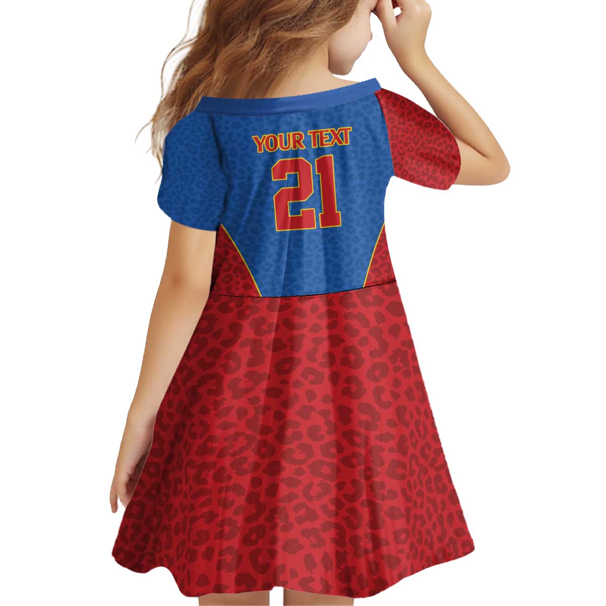 DR Congo Football Custom Kid Short Sleeve Dress Blue Leopard Skin Pattern - Wonder Print Shop