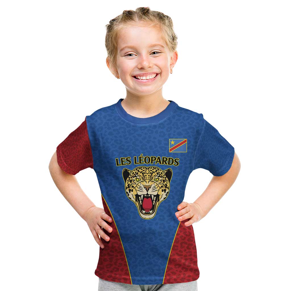 DR Congo Football Custom Kid T Shirt Blue Leopard Skin Pattern - Wonder Print Shop