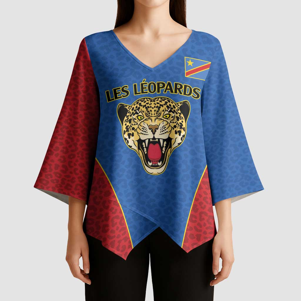 Africa DR Congo Football Custom Kimono Sleeve Blouse Blue Leopard Skin Pattern