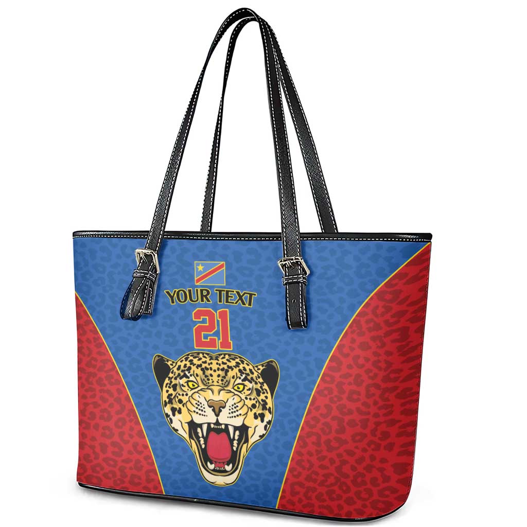 DR Congo Football Custom Leather Tote Bag Blue Leopard Skin Pattern - Wonder Print Shop
