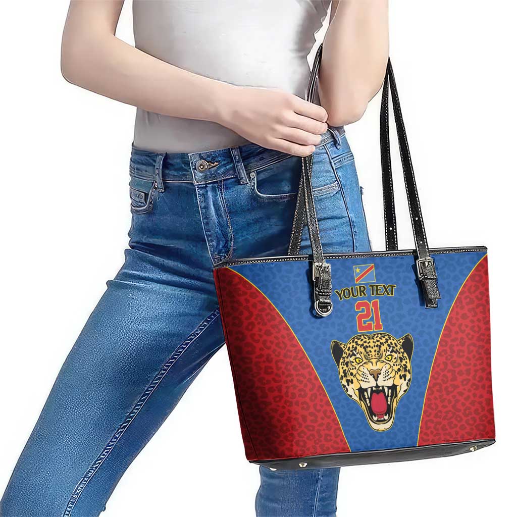 DR Congo Football Custom Leather Tote Bag Blue Leopard Skin Pattern - Wonder Print Shop