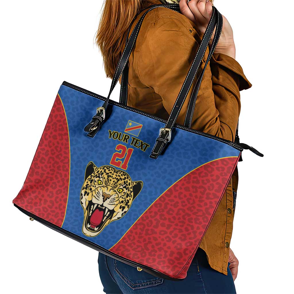 DR Congo Football Custom Leather Tote Bag Blue Leopard Skin Pattern - Wonder Print Shop