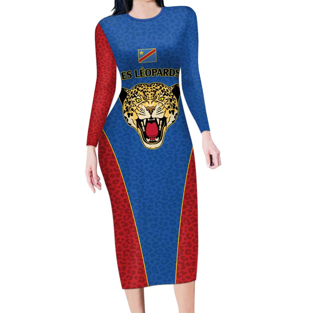 DR Congo Football Custom Long Sleeve Bodycon Dress Blue Leopard Skin Pattern - Wonder Print Shop