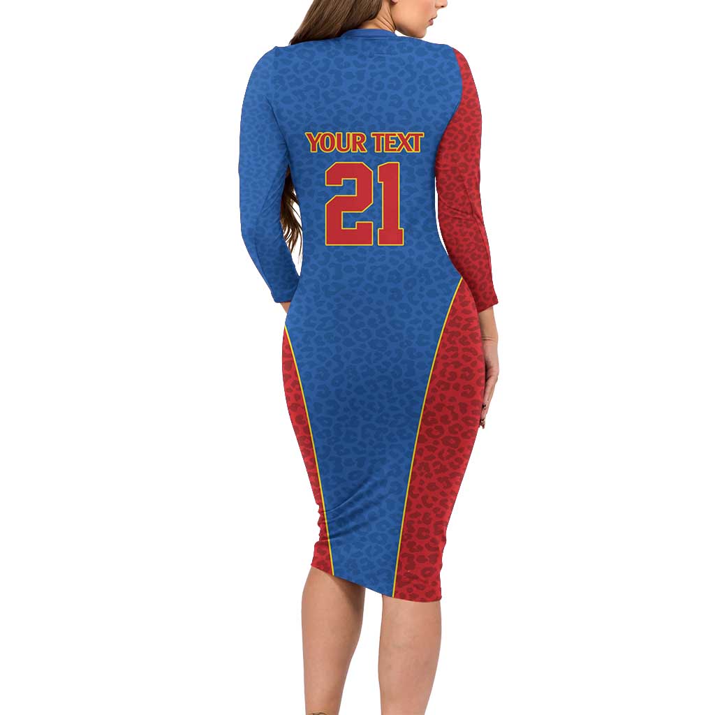 DR Congo Football Custom Long Sleeve Bodycon Dress Blue Leopard Skin Pattern - Wonder Print Shop